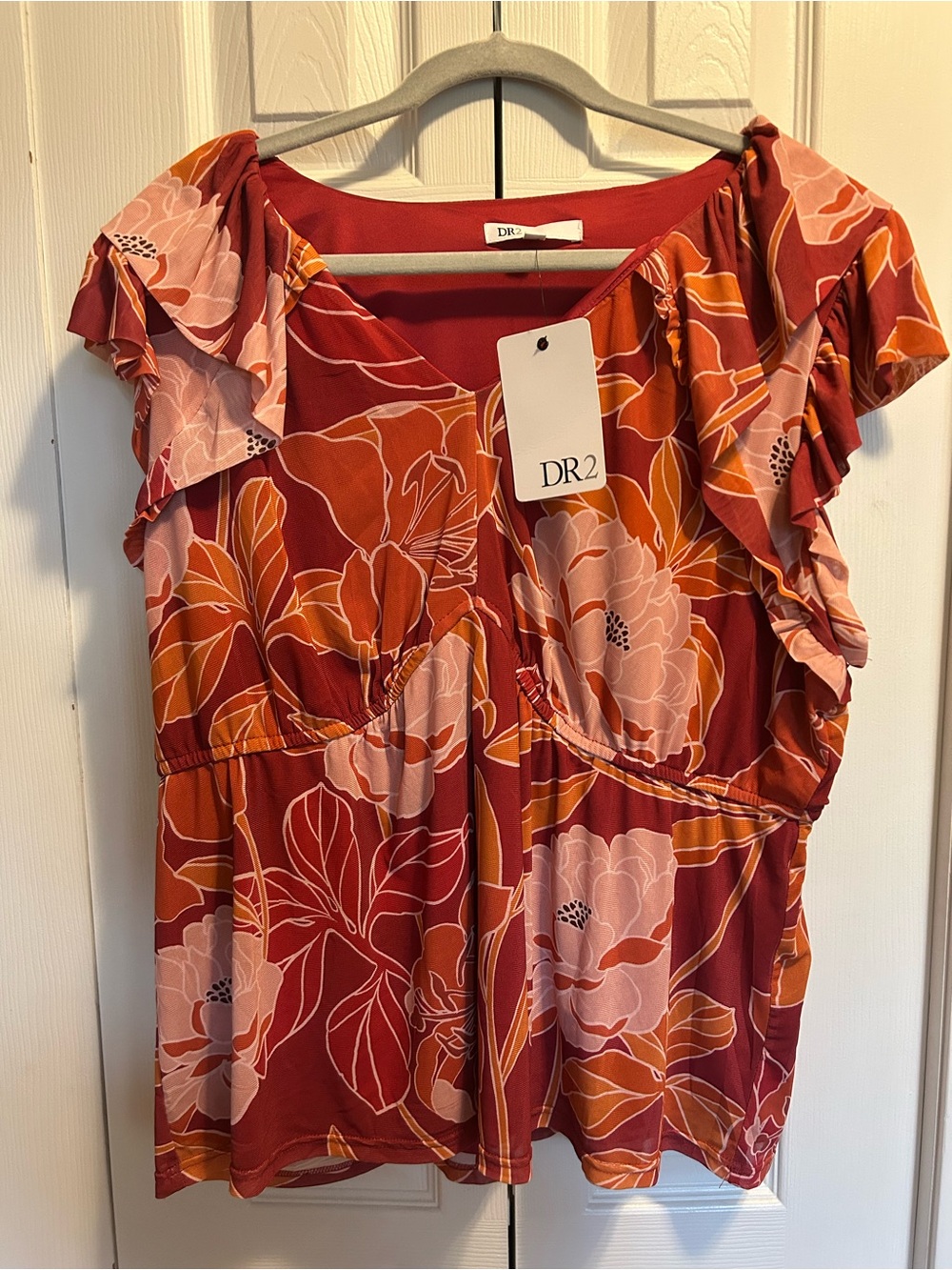DR2 Floral Ruffle Sleeve Top in Rust Pink